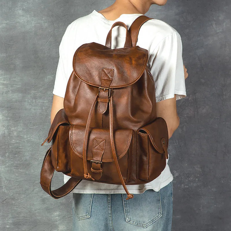 Genuine leather retro backpack with geometric pattern, 15 inch size, light brown or black, casual soft leather bag for hiking and travel.