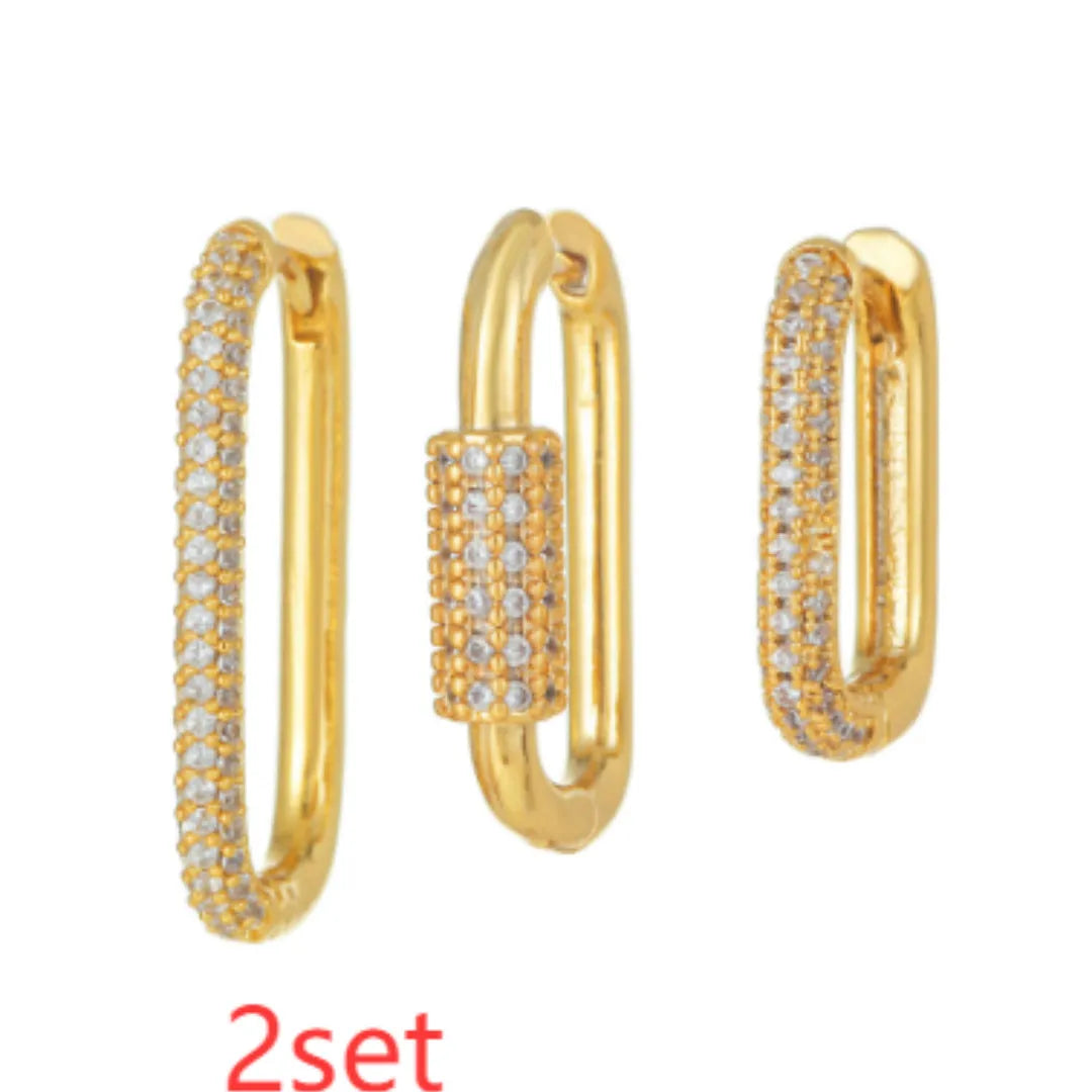 Geometric three-piece earring set with micro-inlaid zircon stones and square ear clips in gold or white k colours
