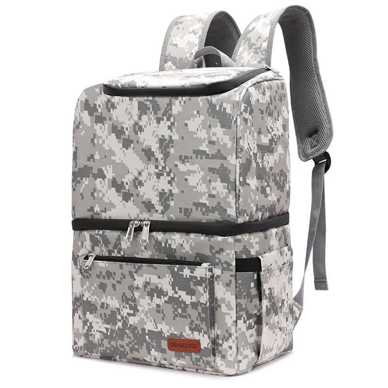 Blue double layer insulated backpack with large main compartment and adjustable straps.