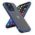 Black iPhone 13 protective case with carbon fibre pattern showing back and side view
