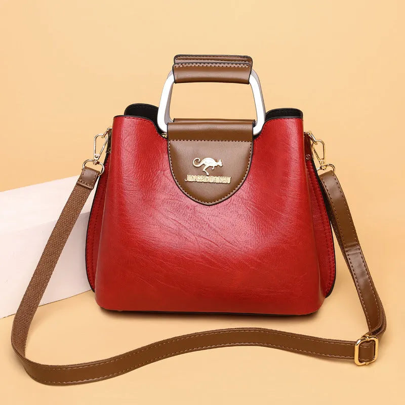 Large capacity PU tote bag in soft leather-look texture horizontal square shape with sewing line detail available in Black Dark Brown Green Red