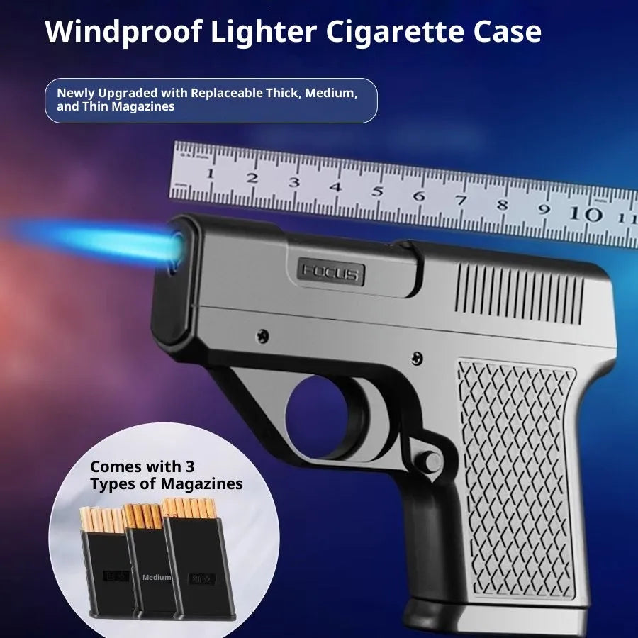 Gun-type windproof gas lighter with cigarette case, plastic body, black colour