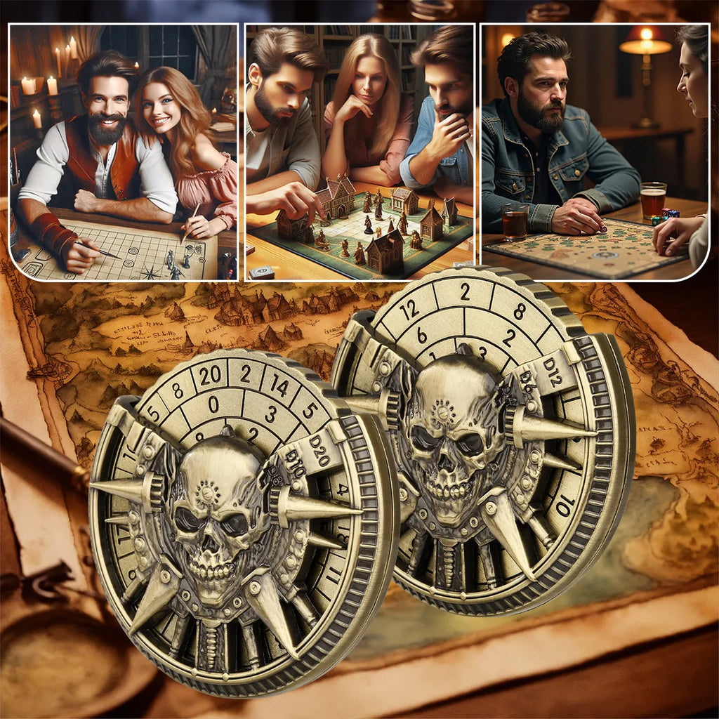 Skeleton metal wheel dice gift box with bronze D20 and D10 dice on a dark tabletop