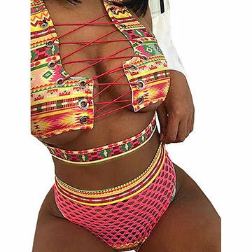 Women's checkered cross strap bikini set with high-waisted shorts