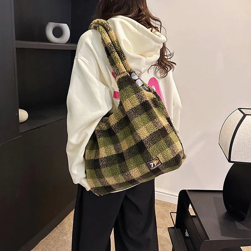 Women's soft plush plaid crossbody tote bag in army green with large capacity and internal zipper compartment