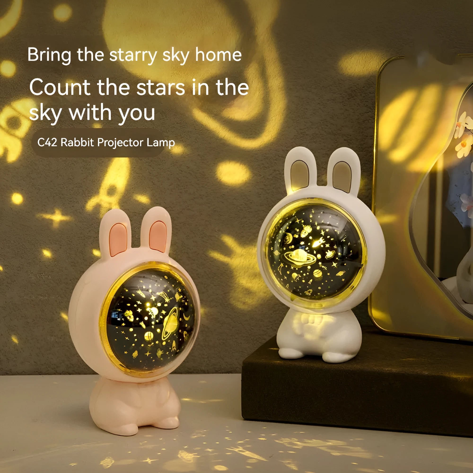 Creative rabbit star light projector lamp USB charging white colour on shelf for children bedroom decor