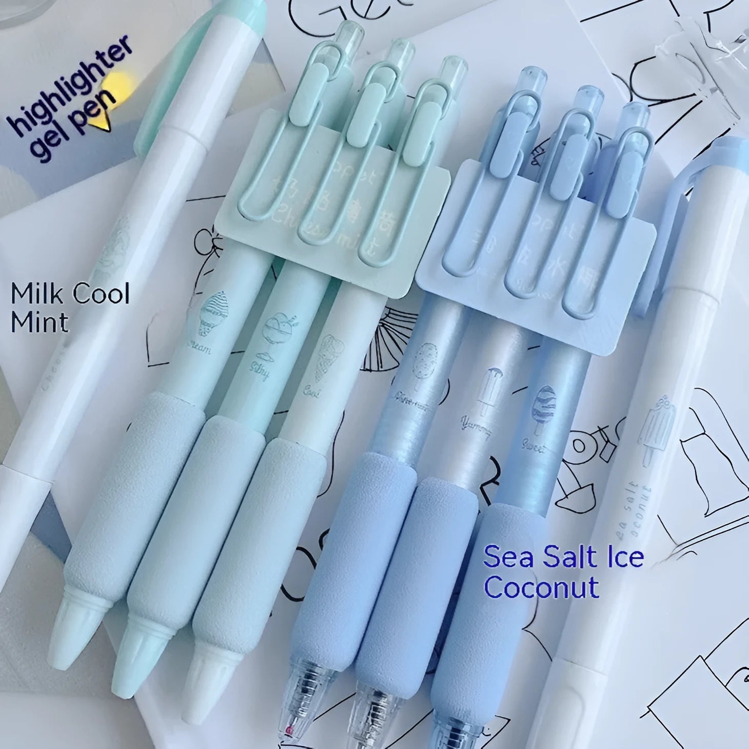 Four 0.5mm tip fluorescent pens for calligraphy in Cheese Mint and Sea Salt Ice Cup colours.