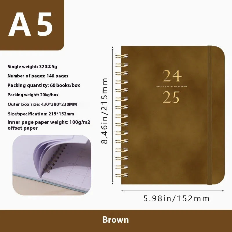 A5 leather notebook with metal coil binding in various colours including black, blue, and green.