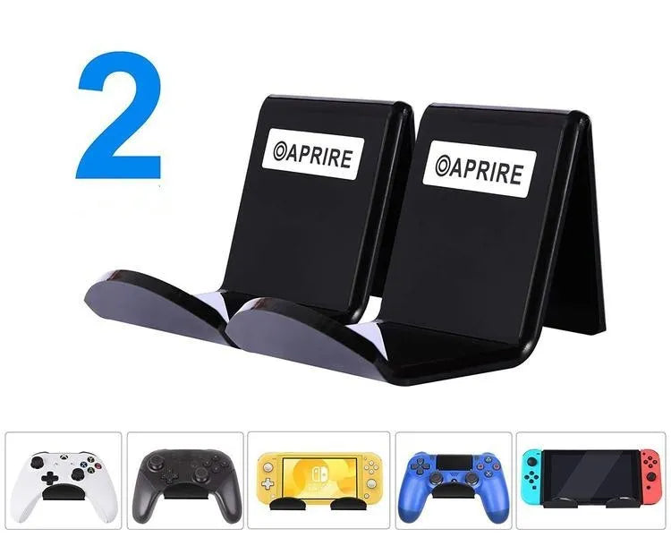 Universal plastic wall mount bracket holding a game controller, shown in black, white, and transparent colour options.