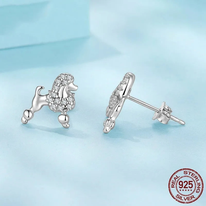 S925 sterling silver mini poodle stud earrings for women cute dog animal zodiac jewellery