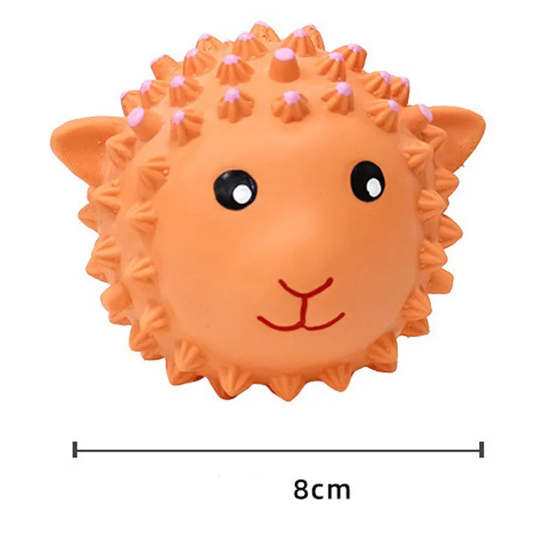 Orange and yellow spiky latex animal dog toys with squeakers for dental care and fetch play.