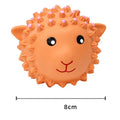 Orange and yellow spiky latex animal dog toys with squeakers for dental care and fetch play.