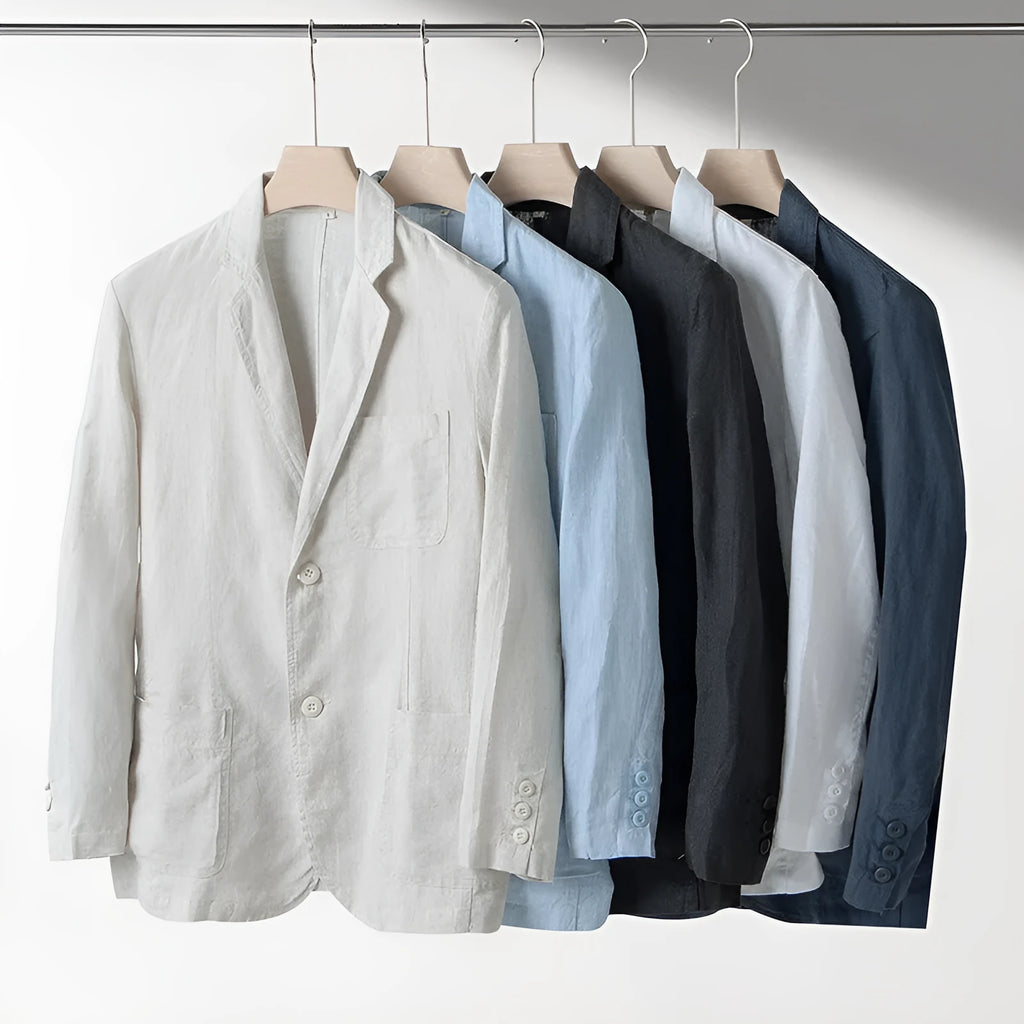 Men's casual linen suit jacket in loose fit with long sleeves showing solid colour options