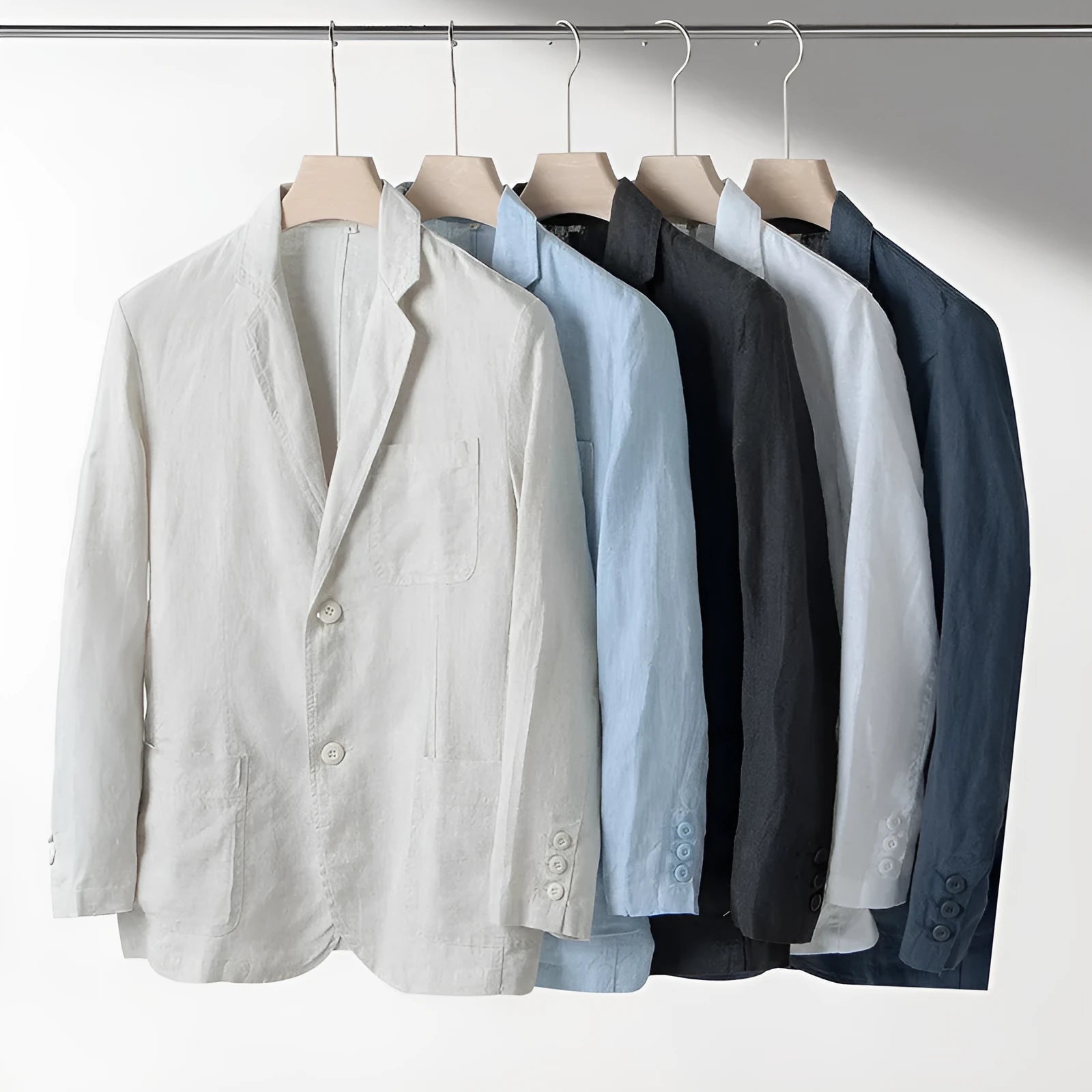 Men's casual linen suit jacket in loose fit with long sleeves showing solid colour options