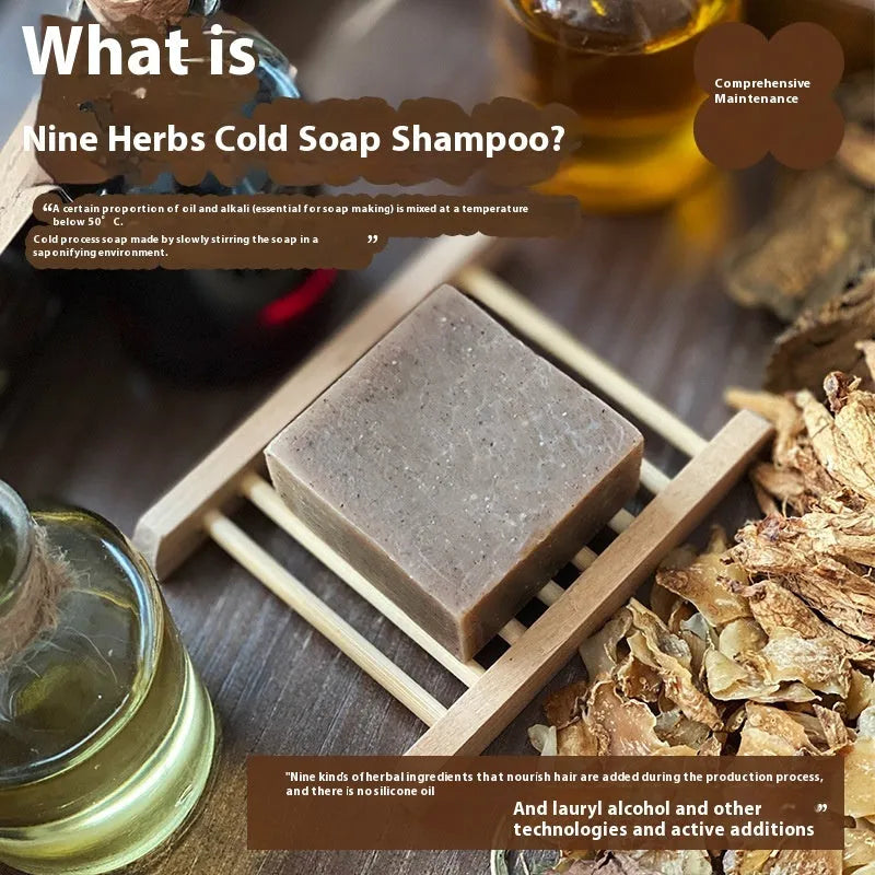 A single 72g bar of handmade nine grass cold process shampoo soap, silicone oil-free.