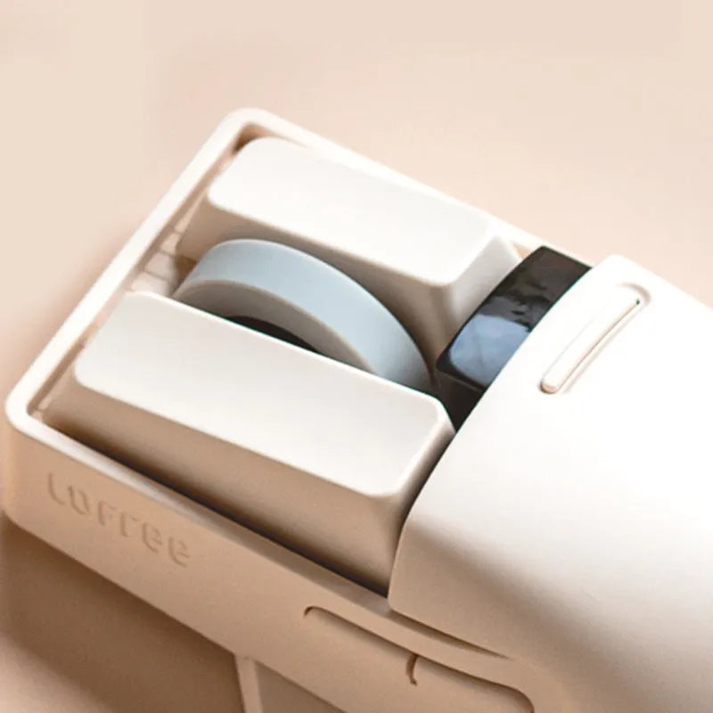 Tofu colour ergonomic wireless mouse shown with USB receiver and USB-C charging cable on a desk.