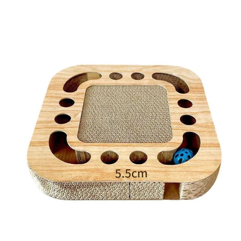 Corrugated paper cat scratch board toy with interactive ball in multiple style options