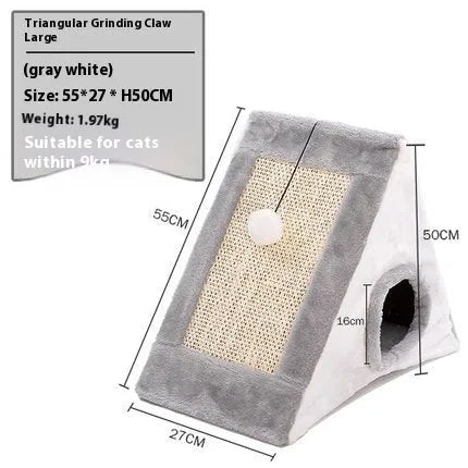 Triangle-shaped grey and white cat bed with integrated sisal scratching surface.