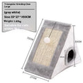 Triangle-shaped grey and white cat bed with integrated sisal scratching surface.