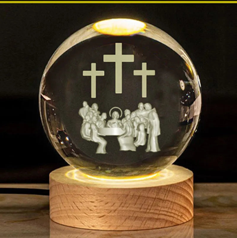 6cm white crystal religious ornament on wooden base with warm lighting