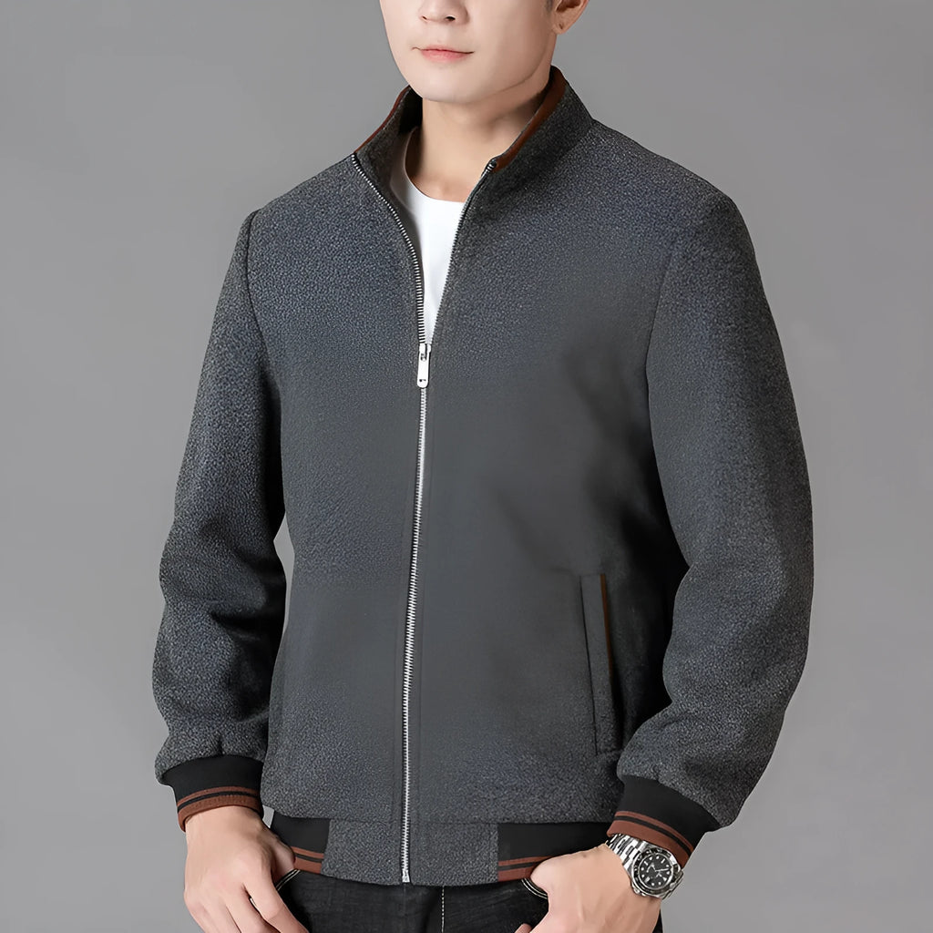 Men's gray wool fleece sport jacket with a stick pocket, shown on a hanger.