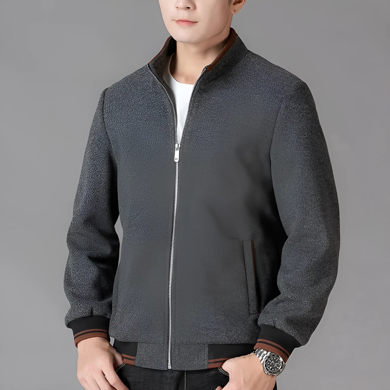 Men's gray wool fleece sport jacket with a stick pocket, shown on a hanger.