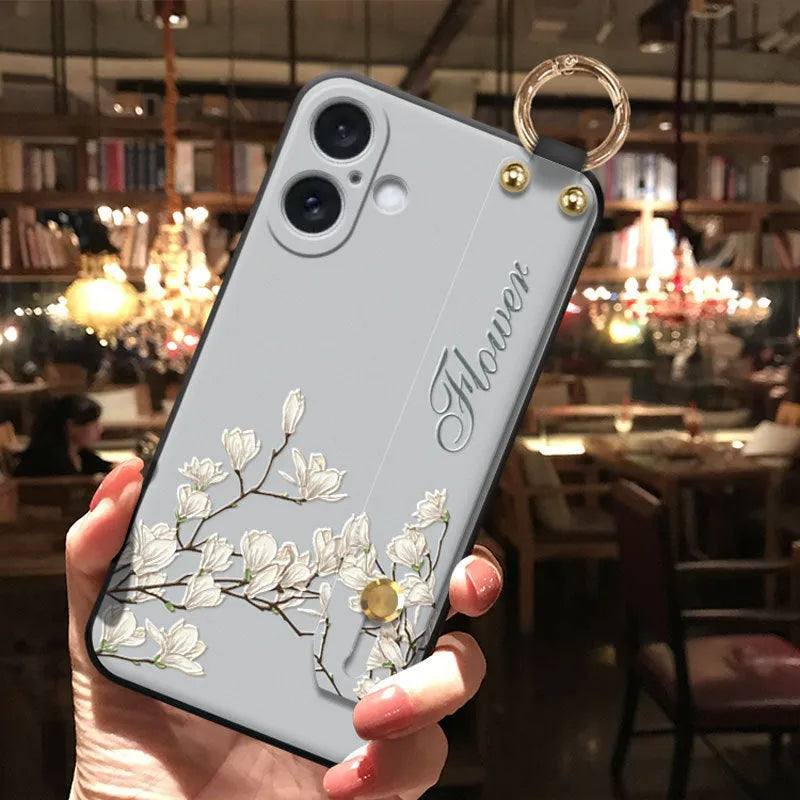 Retro black woven TPU phone case with blue pipa flower-bird print for Apple iPhone
