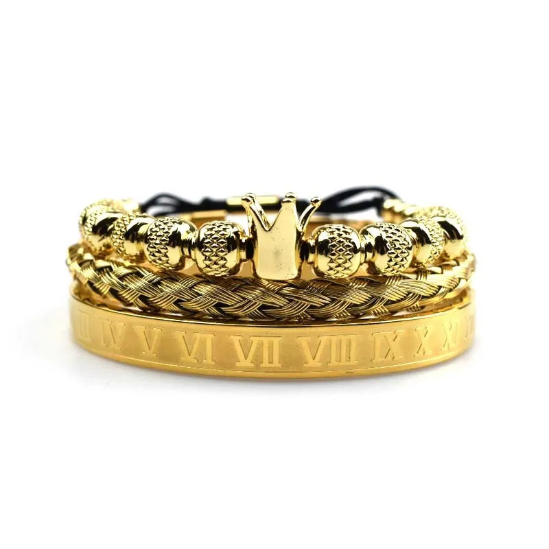 Men's adjustable copper zircon bracelet with Roman royal crown charm, four colour finish options