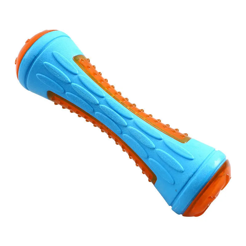 Three squeaky floating dog toys: a ball, barbell, and tires on a blue background.