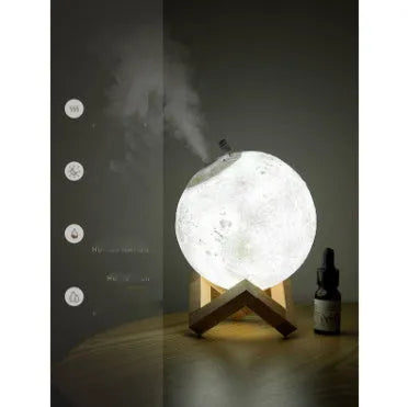 Lunar humidifier night light with spherical design, 13cm diameter, showing LED lighting and water tank