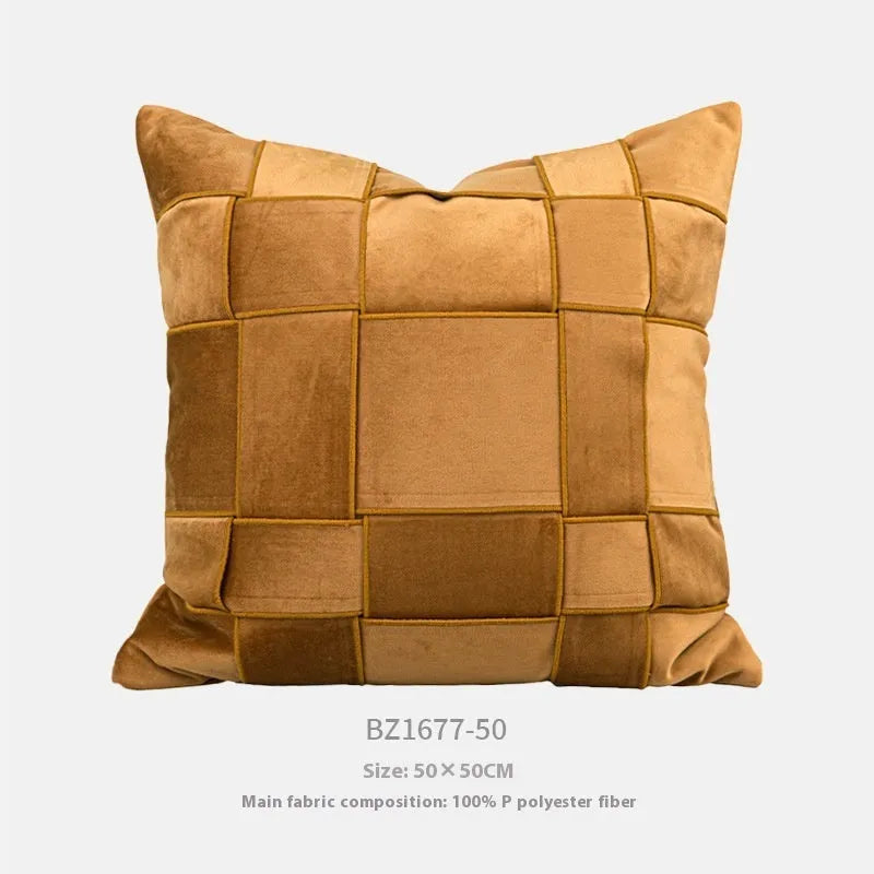 Square chenille woven cushion in a choice of colours, shown on a sofa, measuring 50x50cm.