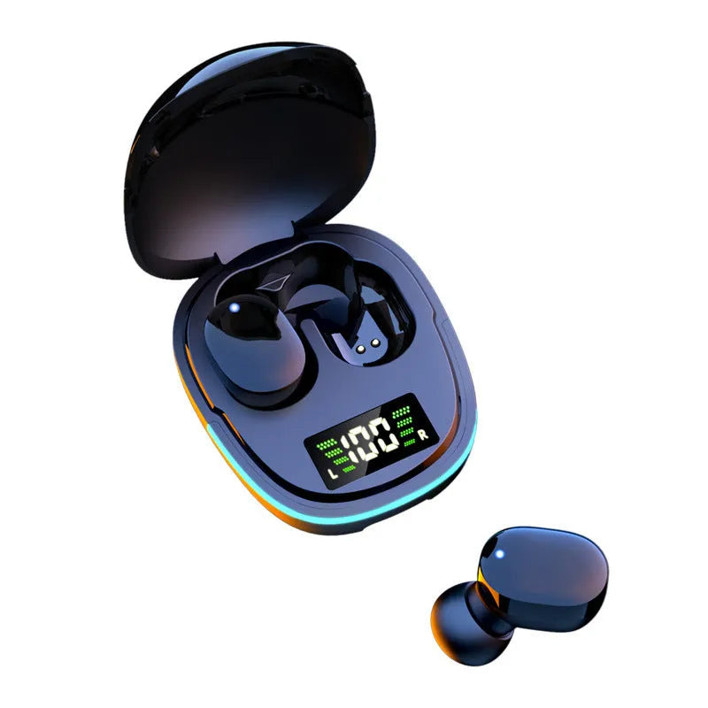 Black true wireless Bluetooth in-ear headphones placed inside their magnetic charging case.