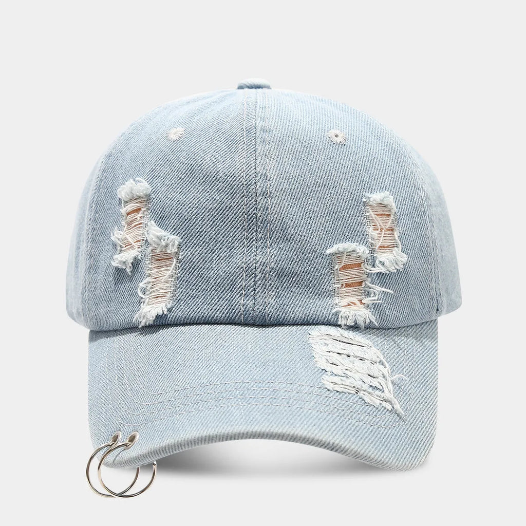 Men's adjustable denim peaked cap in black, shown from the side on a mannequin head