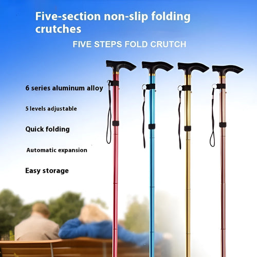 Aluminium folding walking cane with adjustable height and non-slip grip in multiple colour options