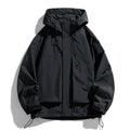 Men's black waterproof windproof hooded jacket made from polyester blend fabric.