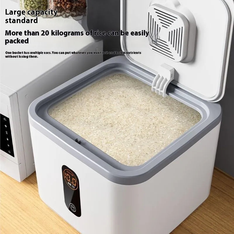 Grey plastic airtight rice storage jar with lid and measuring cup for 10kg, 20kg, or 30kg capacity.