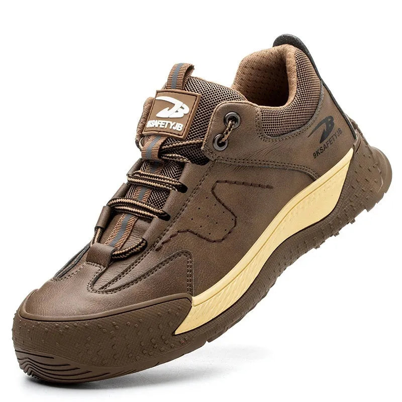 Men's Flyknit style leather work shoes with a rubber sole, shown in black colour