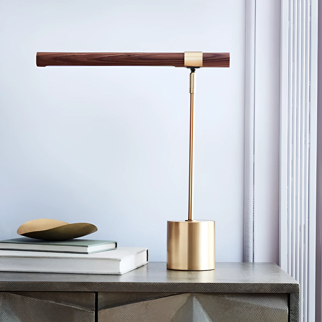 Nordic wood grain desk lamp with iron holder on a white surface, showing warm light and white light modes