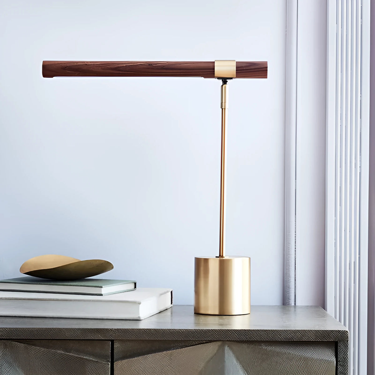 Nordic wood grain desk lamp with iron holder on a white surface, showing warm light and white light modes