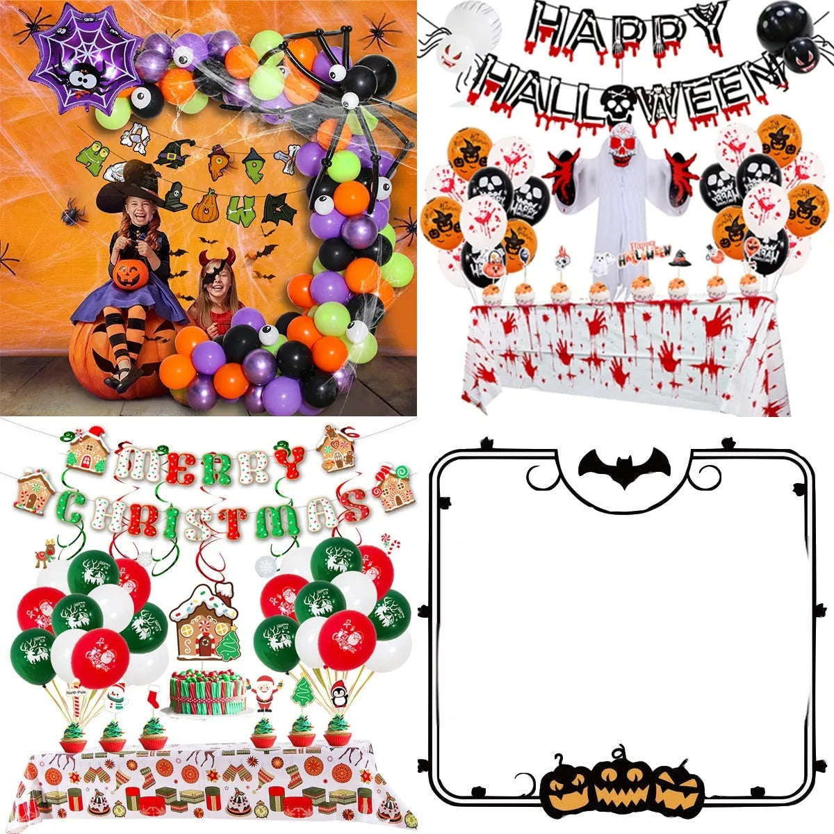 Halloween spider balloon arch combo set with black and white latex balloons featuring skull and pumpkin designs