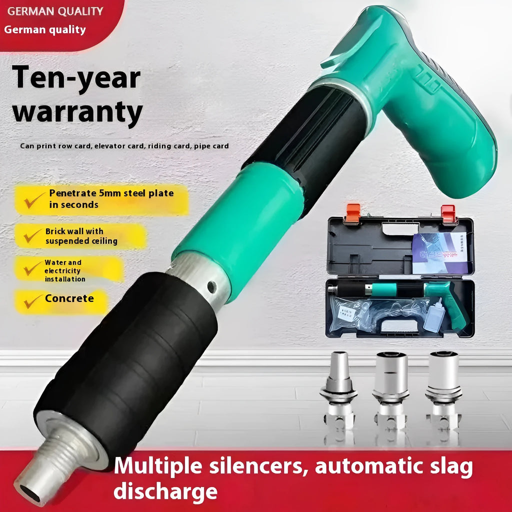 Mini ceiling nail gun with green toolbox and 25mm nails side exhaust