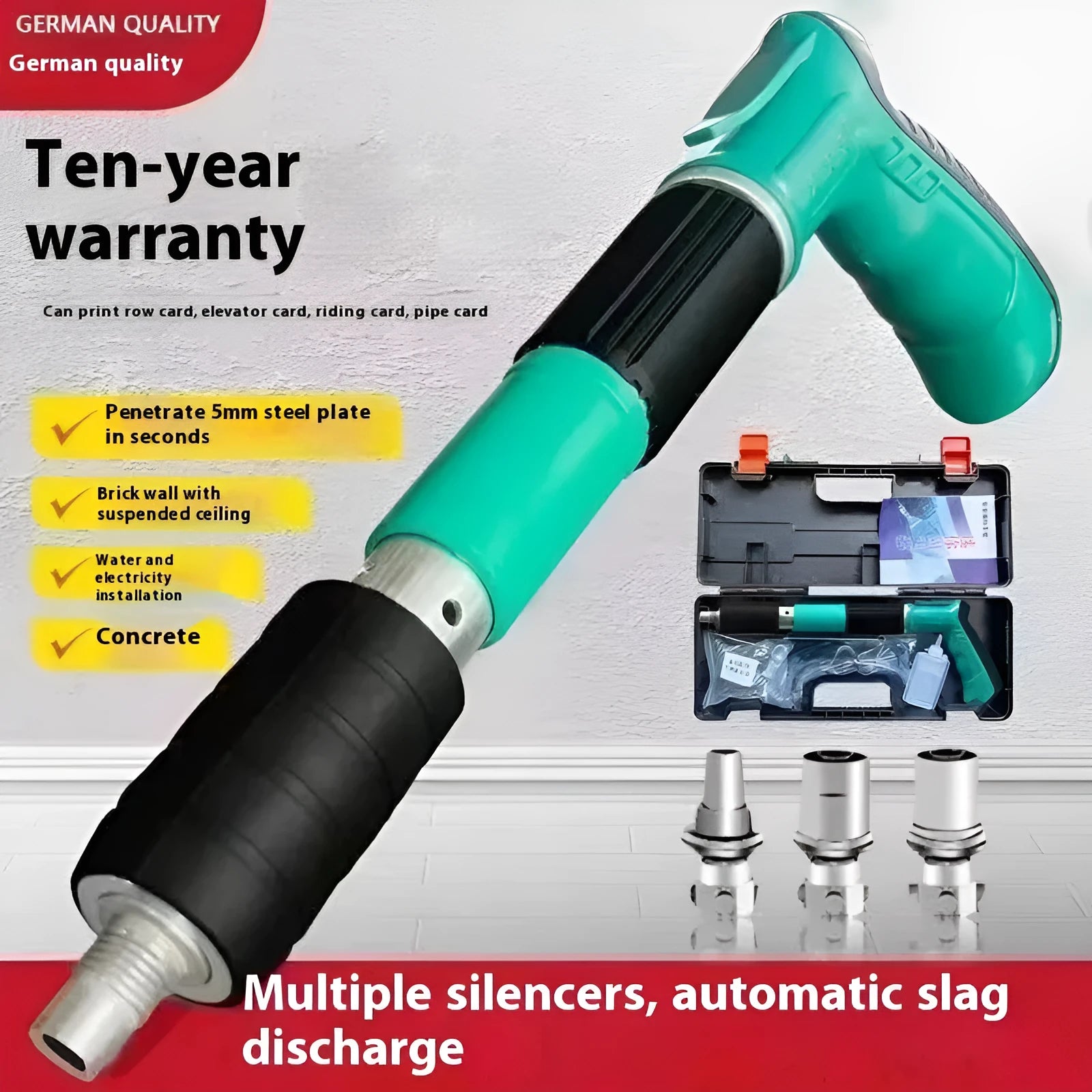 Mini ceiling nail gun with green toolbox and 25mm nails side exhaust