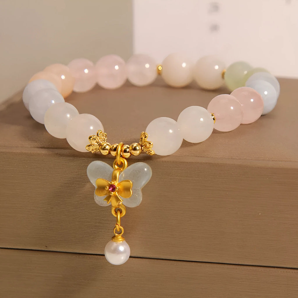 Women's adjustable crystal bracelet with colourful morganite butterfly pendant