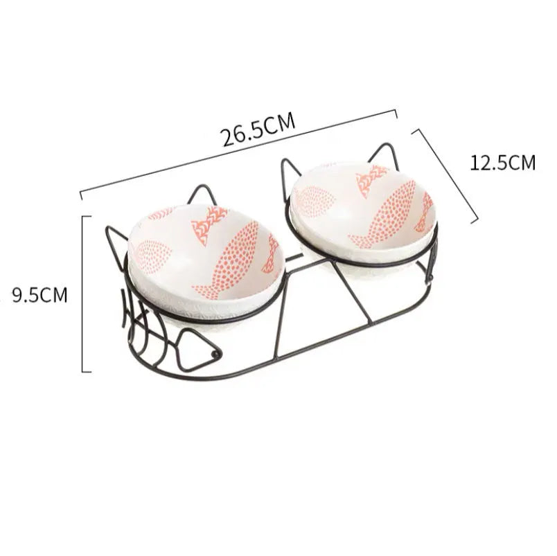 White ceramic double bowl with golden cat ear oblique mouth stand for cats and small dogs