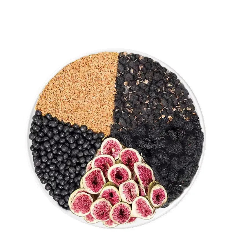 Black Wolfberry Tea boxes showing mulberry, fig and flaxseed herbal tea bags with a travel cup.