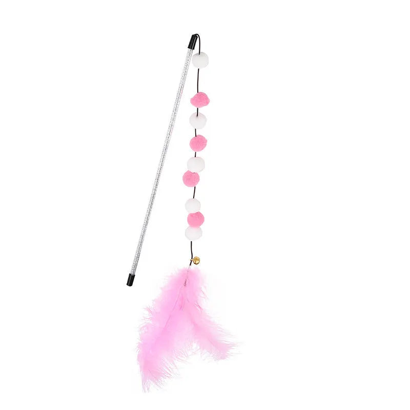 31cm long cat teaser toy rod with colourful pompons, feathers, and bell for interactive play