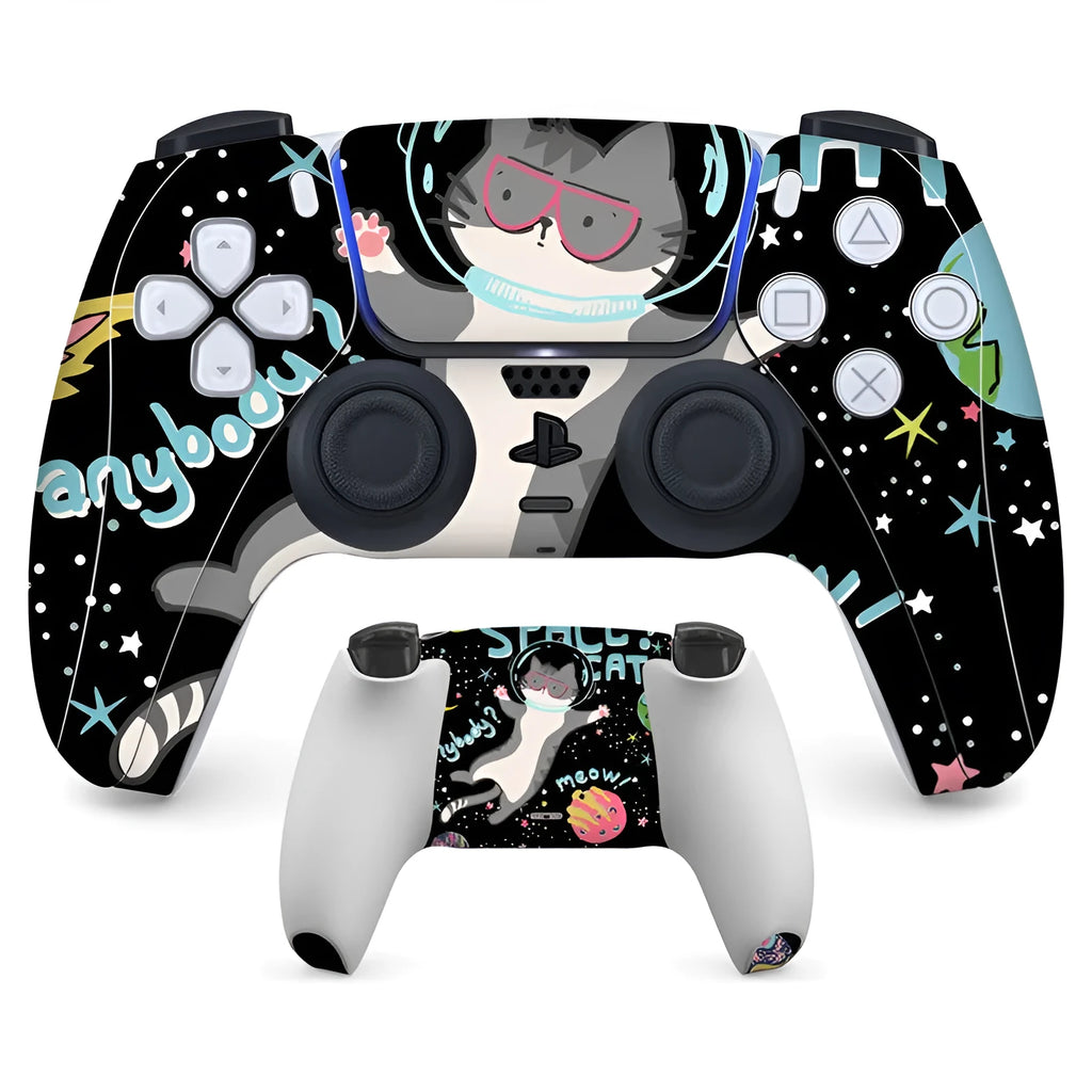 PS5 controller with protective front and back skin applied, showing micro-frosted PVC texture.