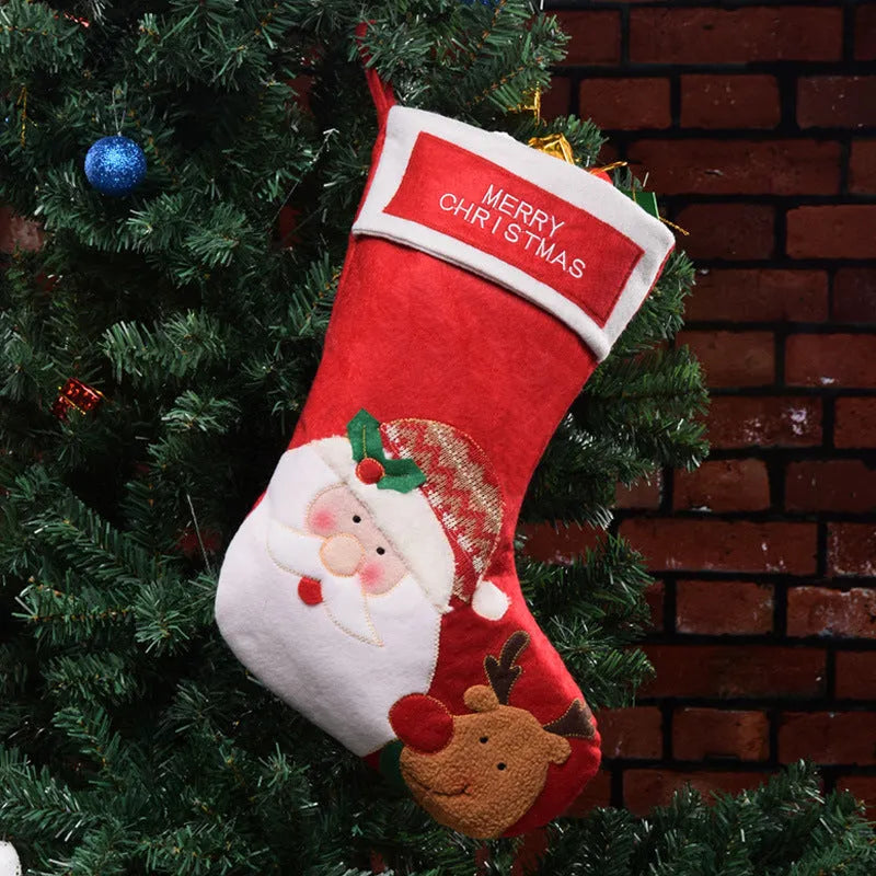 Non-woven fabric Christmas stocking pendant decoration with elk, old man, and snowman designs.