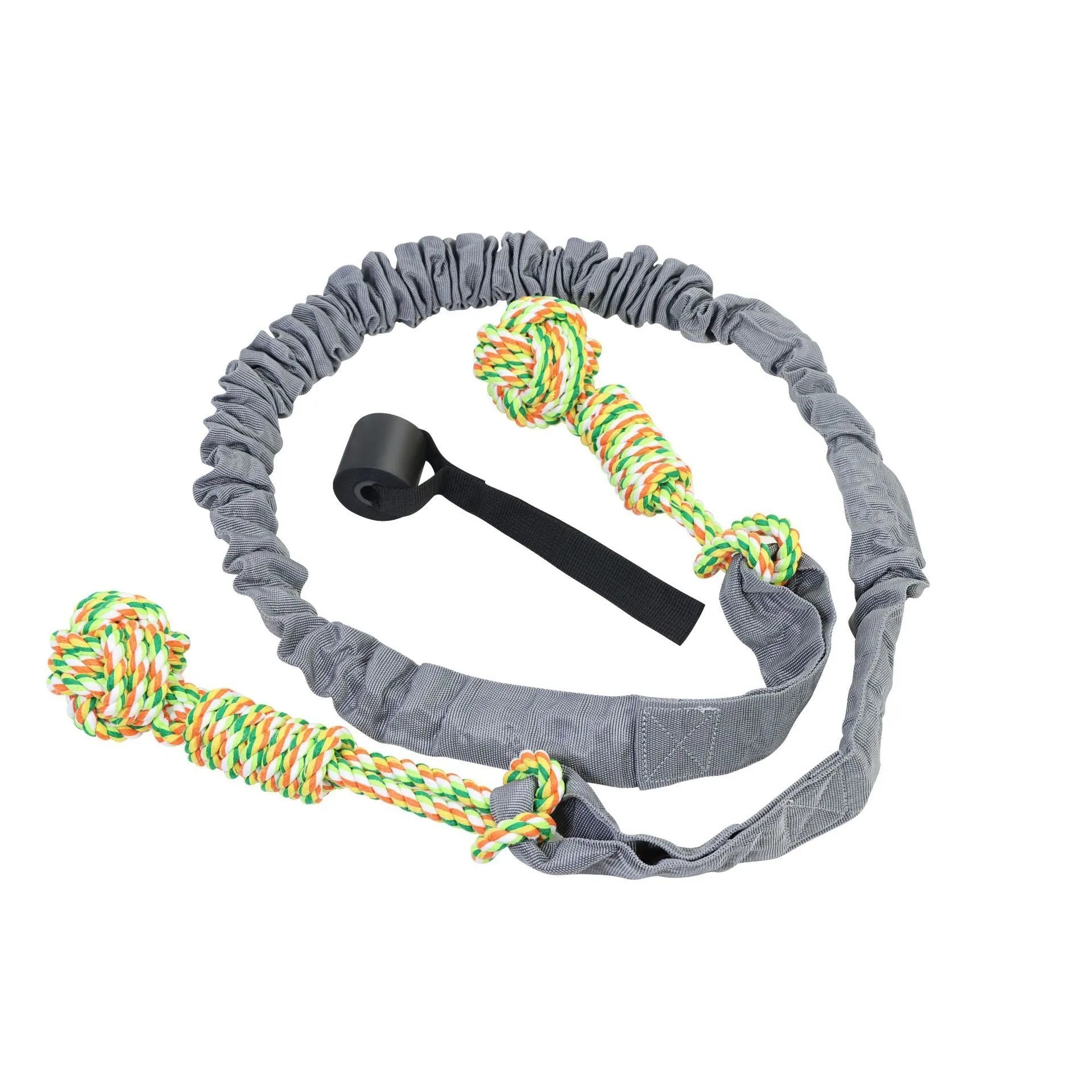 Cotton dog tug of war rope toy in black, grey, or red colours for interactive play