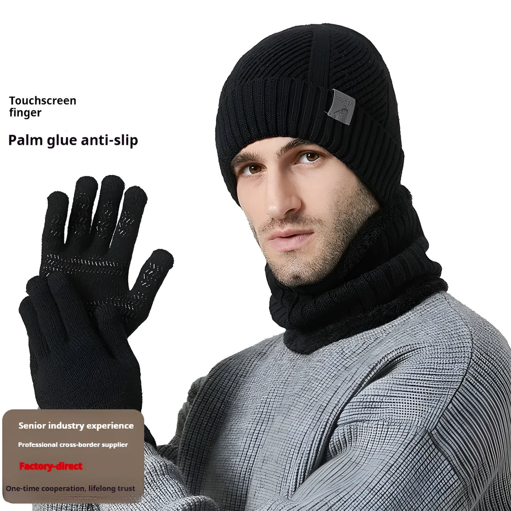 Winter men's wool knit hat scarf gloves three-piece set in gray casual style